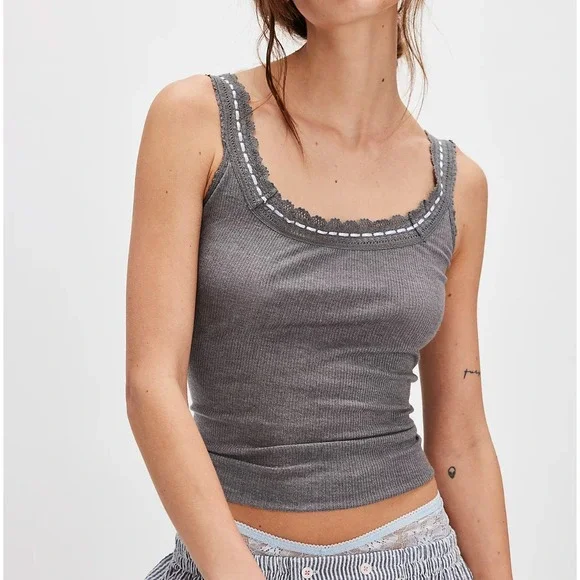 NWT Free People Intimately Only You Gray Ribbed Ribbon Lace Tank Top XS - Picture 2 of 6